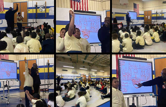 collage of students in assembly learning watching students and presenter build pillars